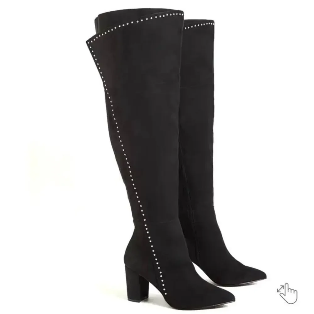 Torrid 8.5WW Black Faux Suede Studded Over The Knee Boots Wide Calf‎ Block Heel